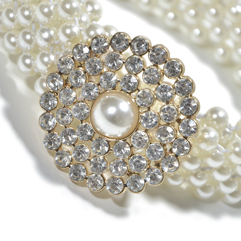 Rhinestone Inlaid Button Head Decorative Pearl Wide Belt