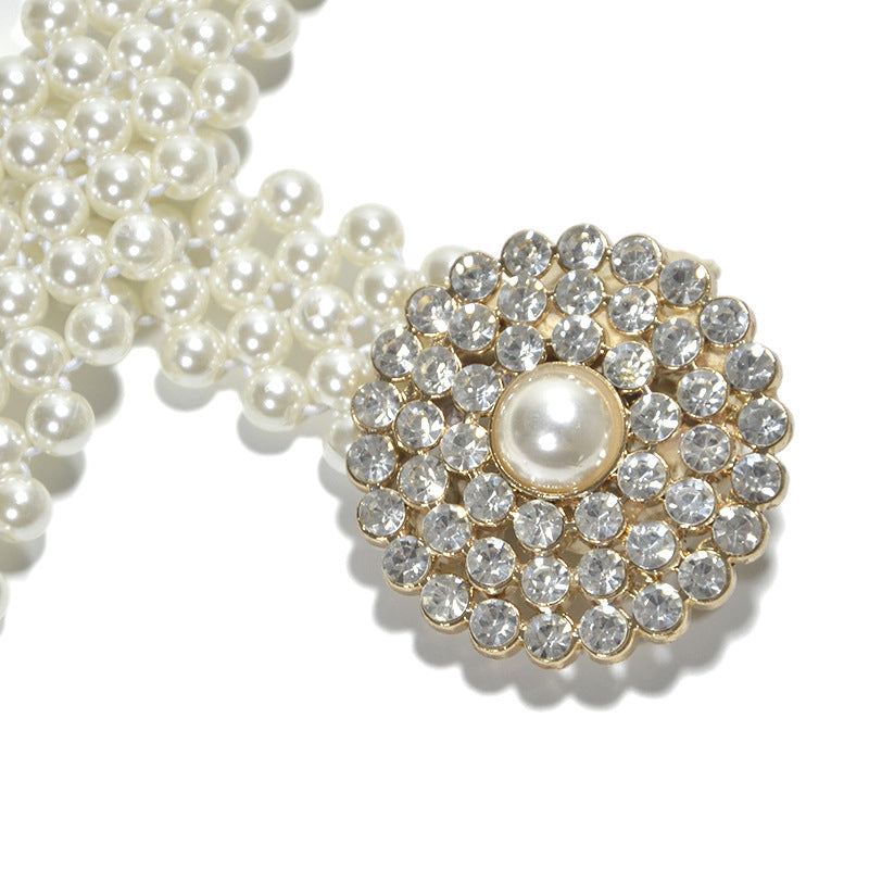 Rhinestone Inlaid Button Head Decorative Pearl Wide Belt