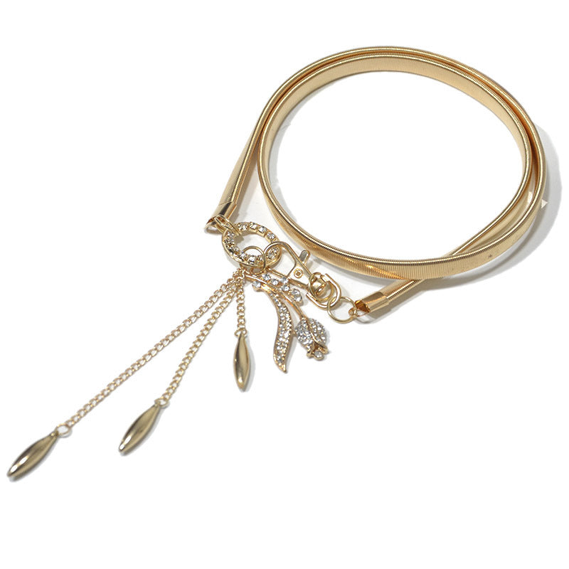 Rhinestone crystal inlaid metal spring waist chain