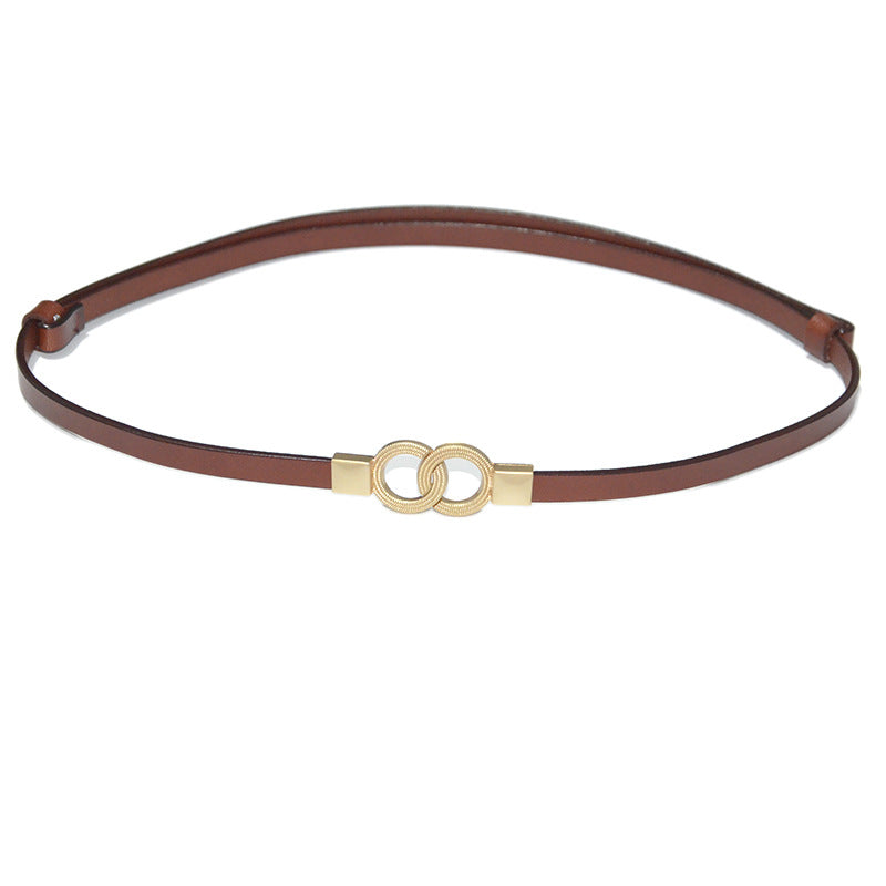 Real cow double ring buckle cowhide thin belt