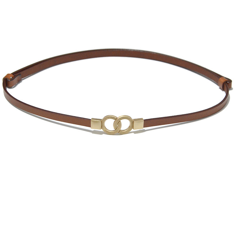 Real cow double ring buckle cowhide thin belt