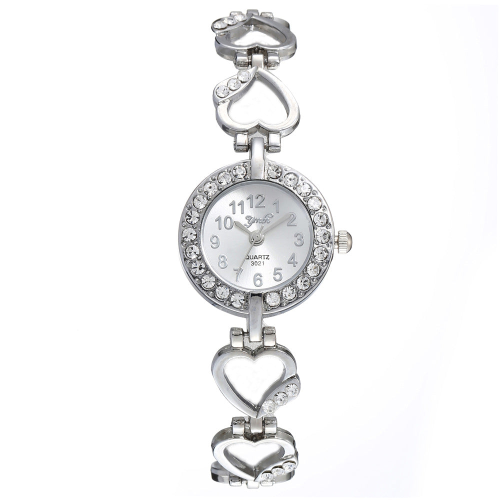Full diamond peach heart wrist quartz watch