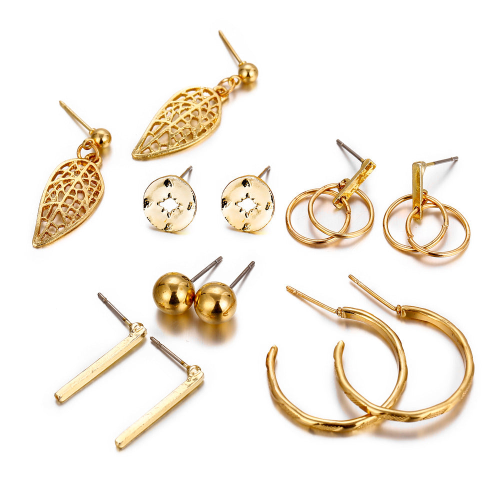 6-Pair Geometric & Leaf Earring Set