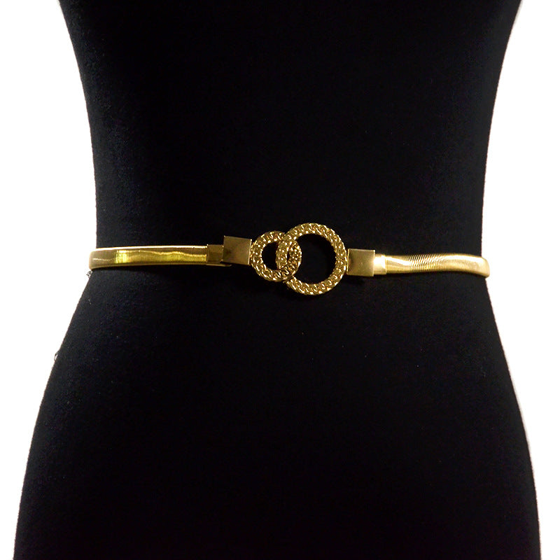 Pattern double ring buckle metal elastic waist chain