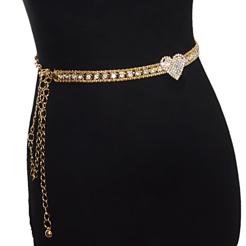 Rhinestone inlaid metal chain belt