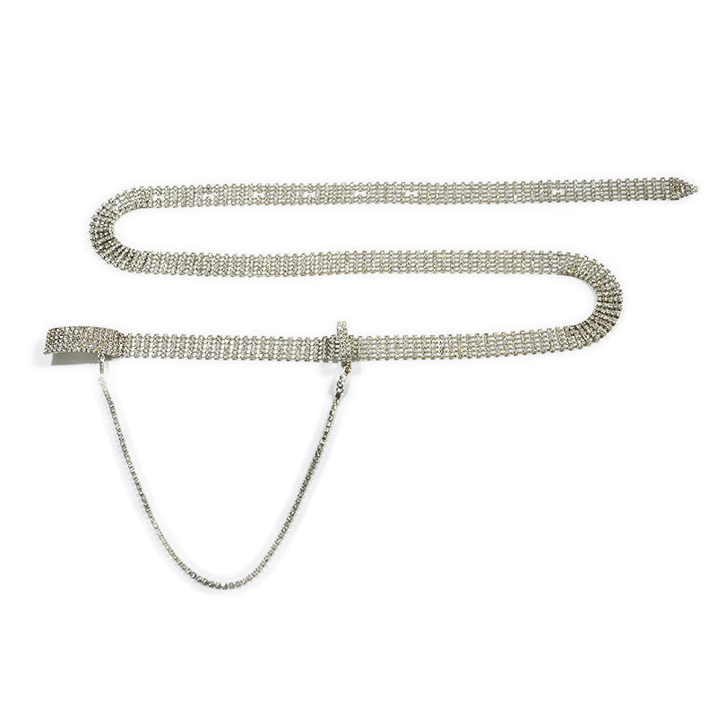 Five rows of rhinestone inlaid metal waist chain