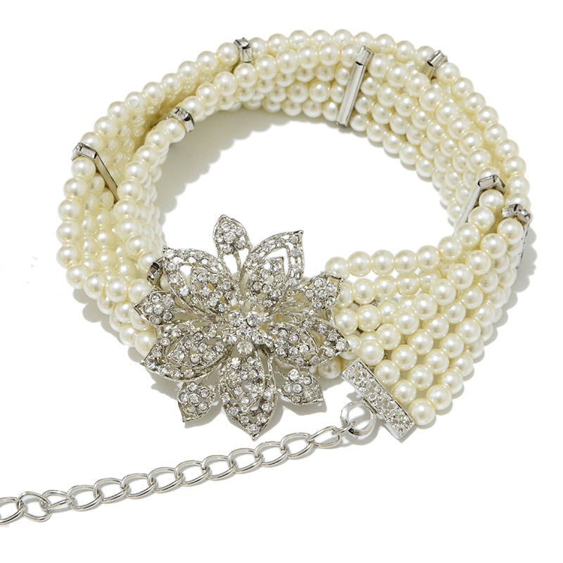 Fishing line string sewn glass pearl belt