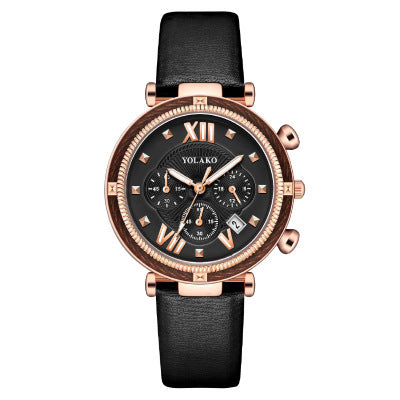 Reloj de mujer con calendario de tres esferas y correa de piel