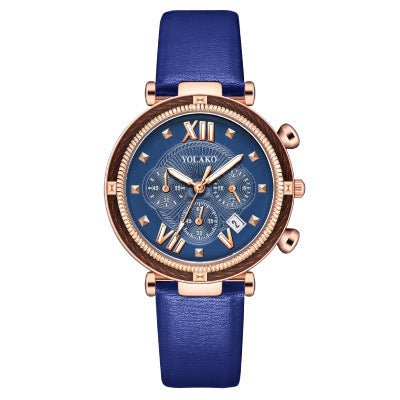 Reloj de mujer con calendario de tres esferas y correa de piel