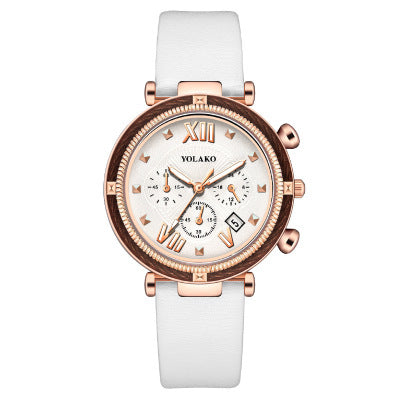 Reloj de mujer con calendario de tres esferas y correa de piel