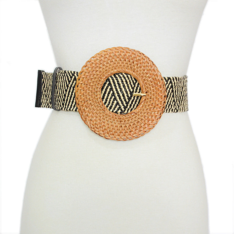 Round buckle wide waist seal elastic waistband
