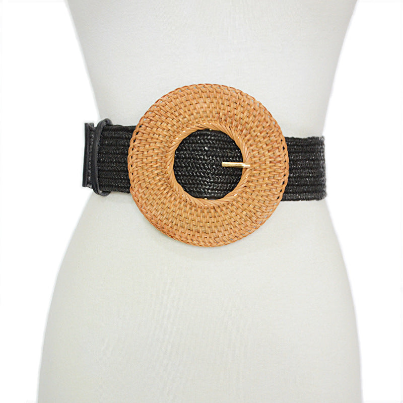 Round buckle wide waist seal elastic waistband
