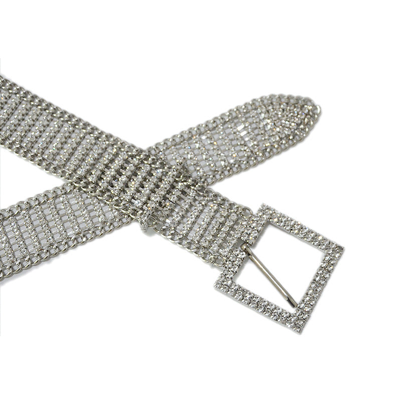 Square buckle mesh rhinestone inlaid belt