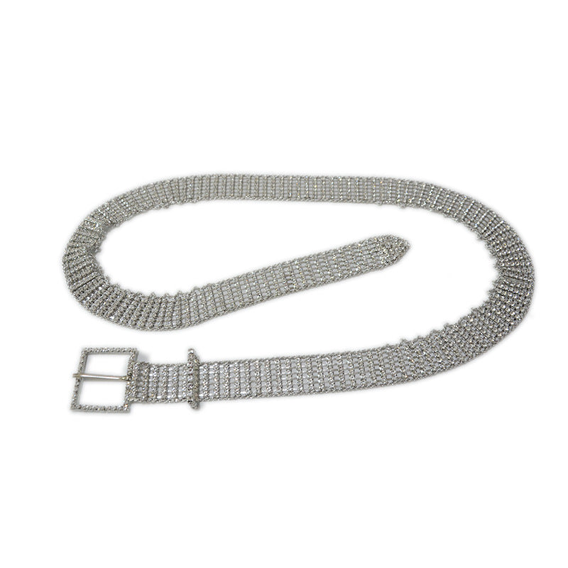 Square buckle mesh rhinestone inlaid belt