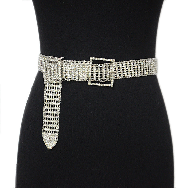 Square buckle mesh rhinestone inlaid belt