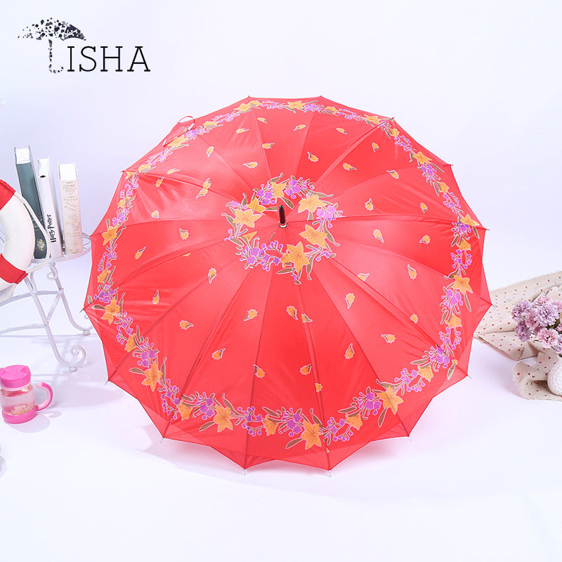 Paraguas de doble capa estilo chino para mujer, resistente a la lluvia y al sol