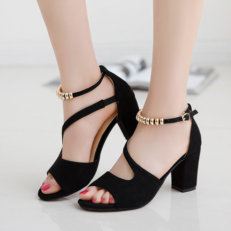 One-button suede thick heels