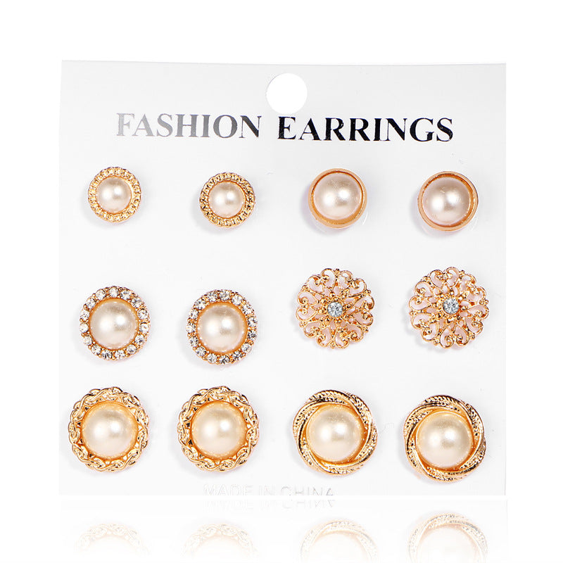 Rhinestone Pearl Flower Stud Earring Set (6 Pairs)