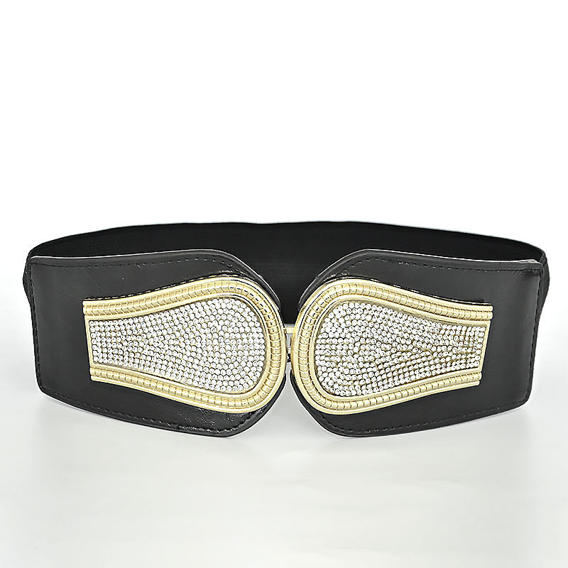 Rhinestone inlaid double buckle head wide belt