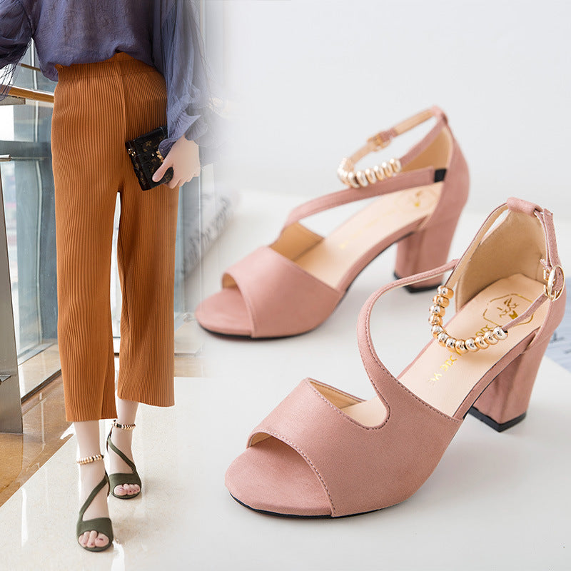 One-button suede thick heels