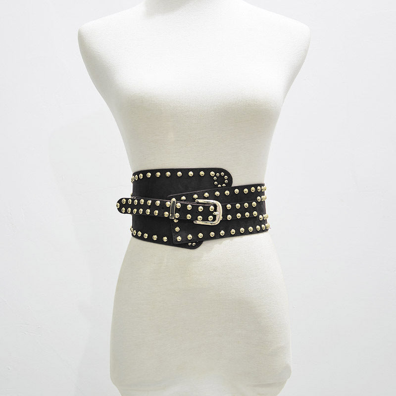 Rivet decorative elastic pin buckle wide belt