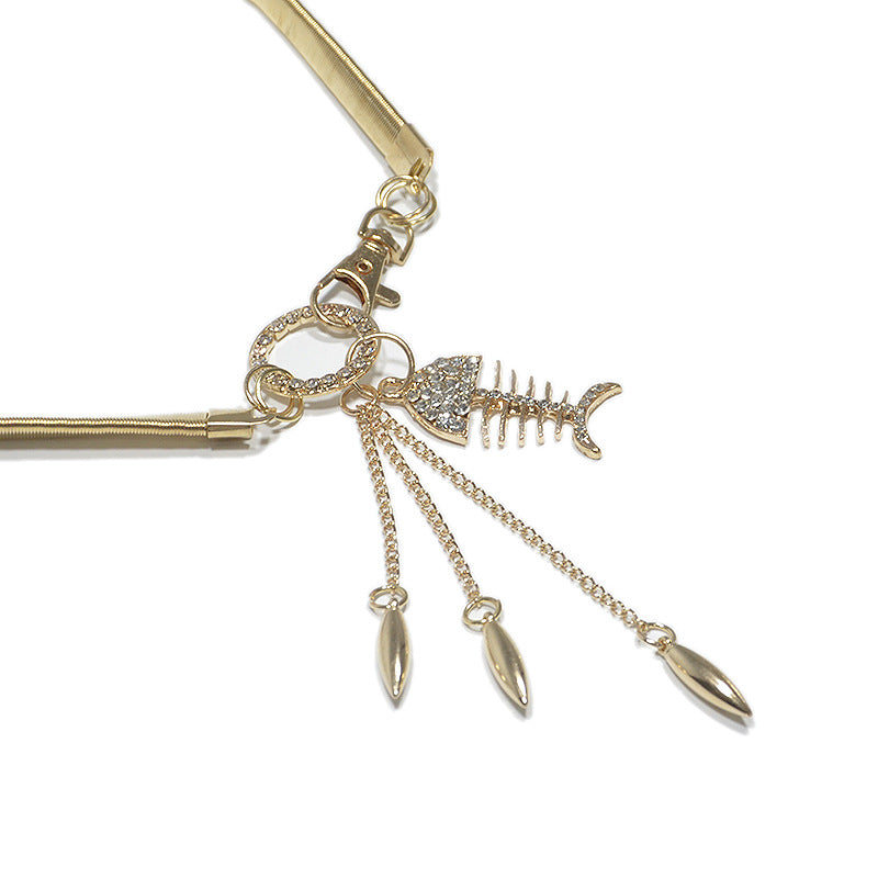 Rhinestone inlaid waist chain fish bone pendant