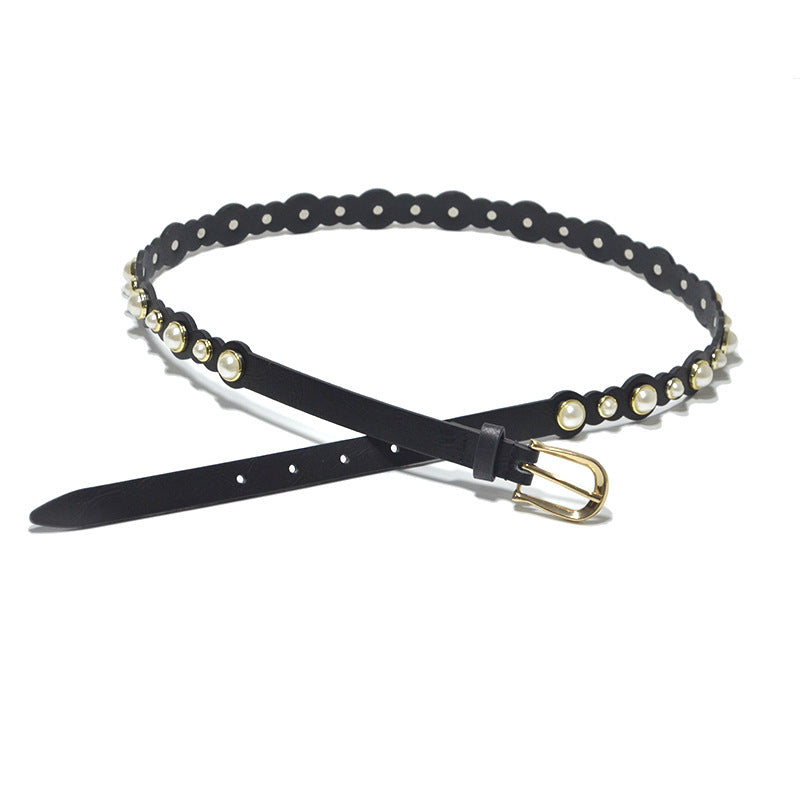 Pearl embellished imitation leather belt