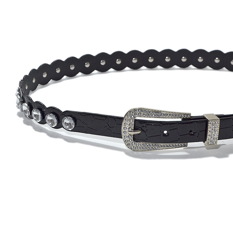 Rhinestone inlaid imitation leather pin buckle belt