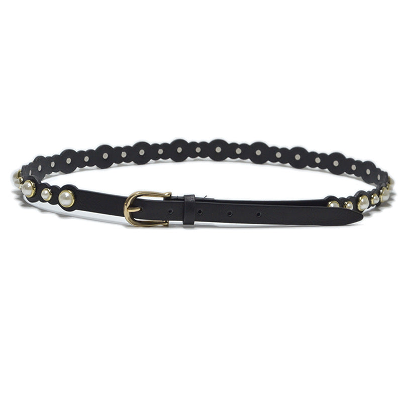 Pearl embellished imitation leather belt