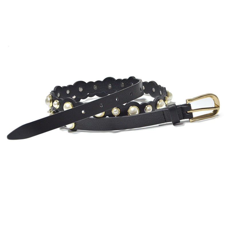 Pearl embellished imitation leather belt