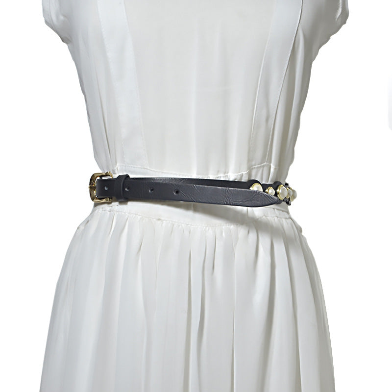 Pearl embellished imitation leather belt
