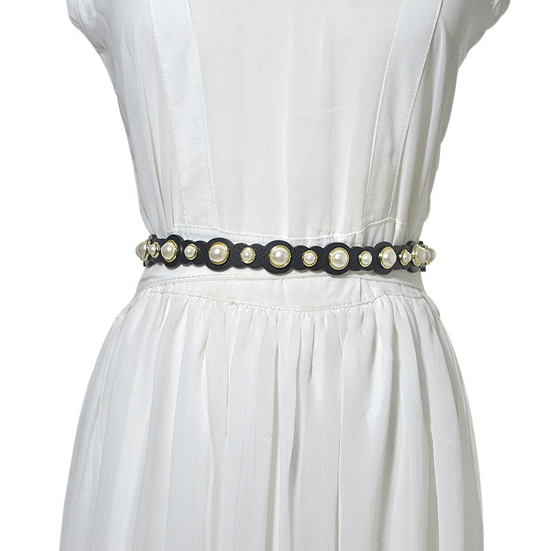 Pearl embellished imitation leather belt