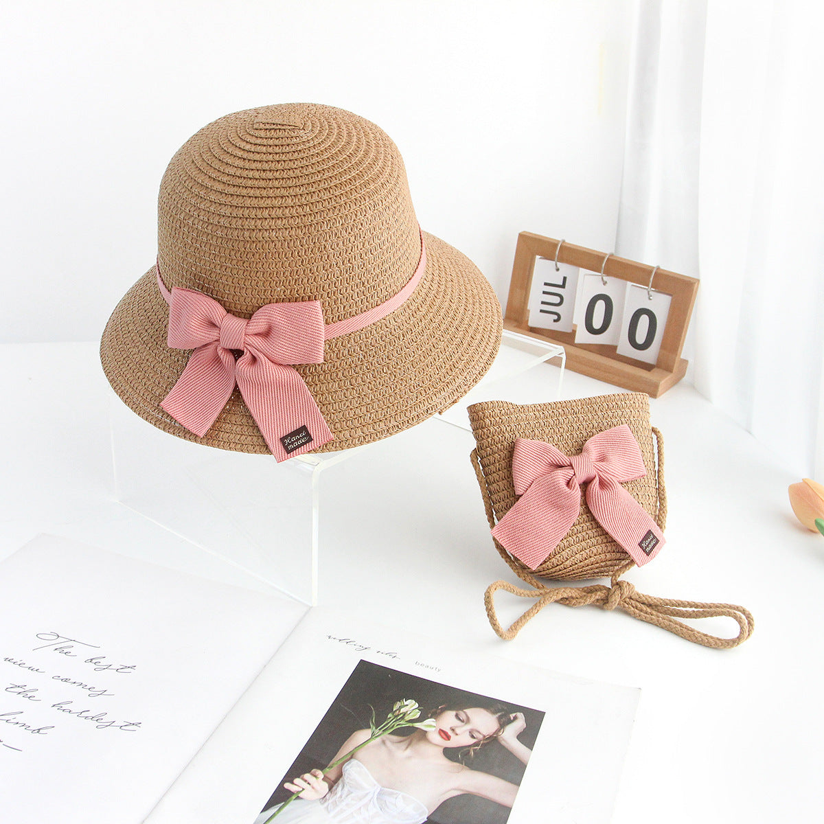 Sombrero de paja para el sol para niños con lazo de encaje, conjunto de 2 piezas