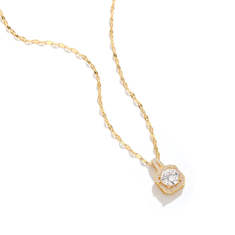 18K Rose Gold-Plated Titanium Steel Necklace with Square Diamond Pendant