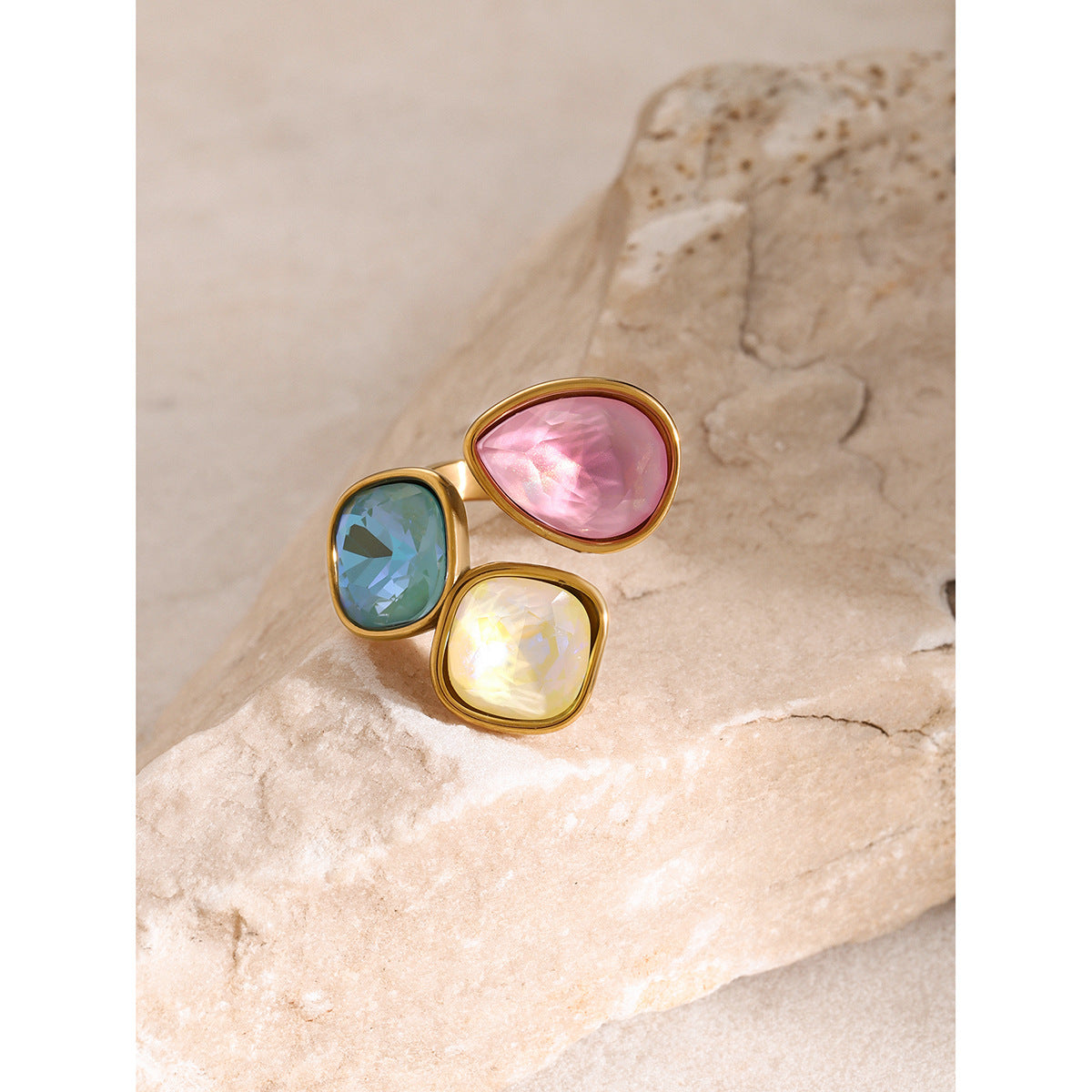Three-color rhinestone open titanium steel ring