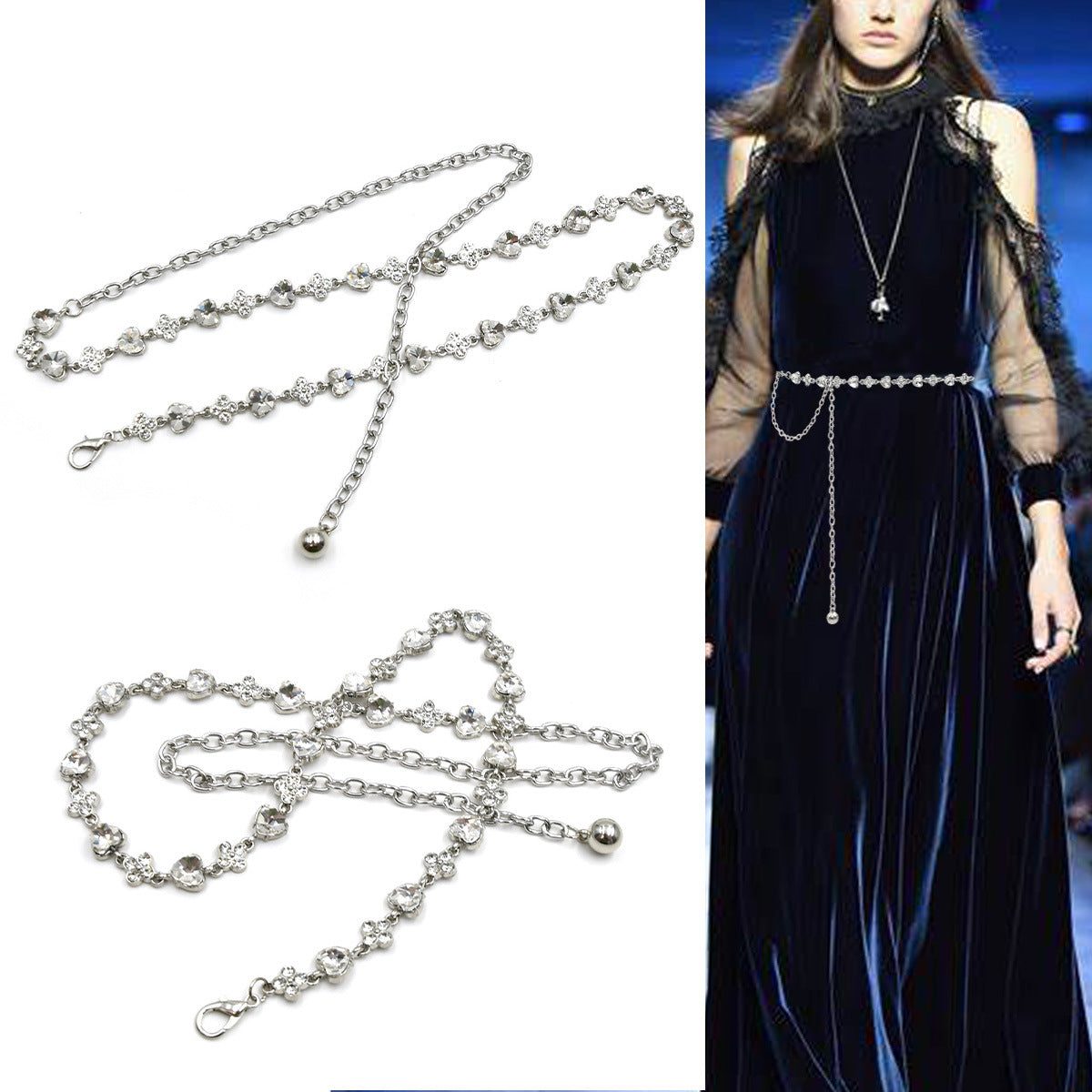 Decorative waist chain women's rhinestones inlaid with fine metal