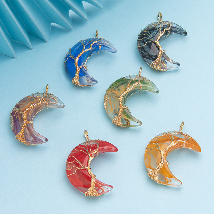 Ghost Bronze Wire Wrap Resin Moon Pendant