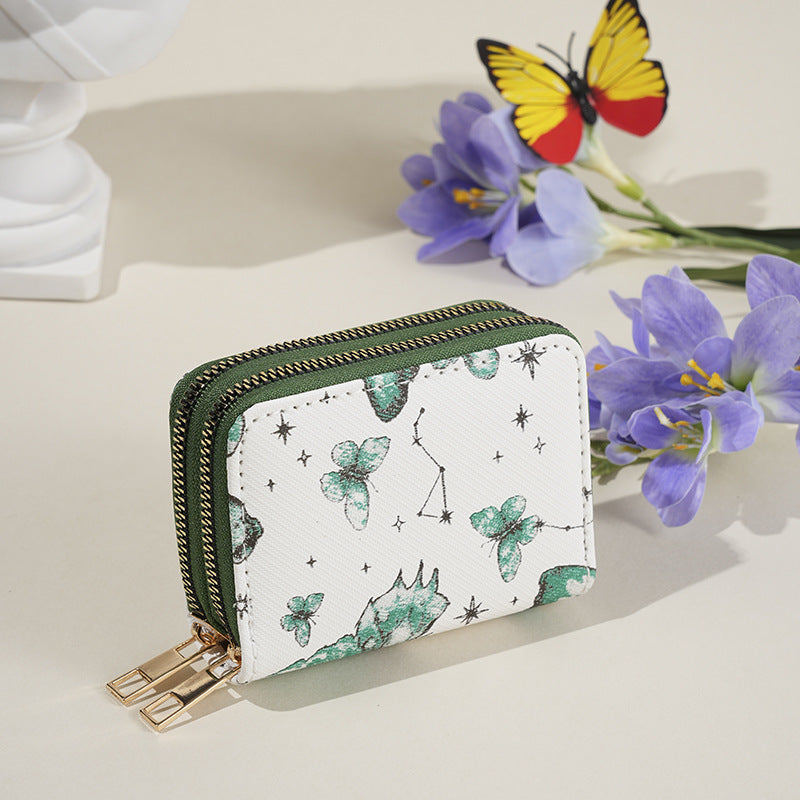 Simple butterfly print double zipper wallet