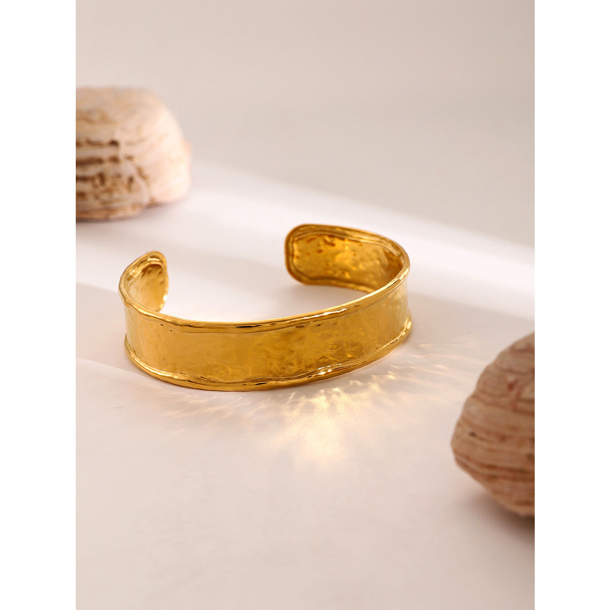 18k gold stainless steel wide hammered bracelet