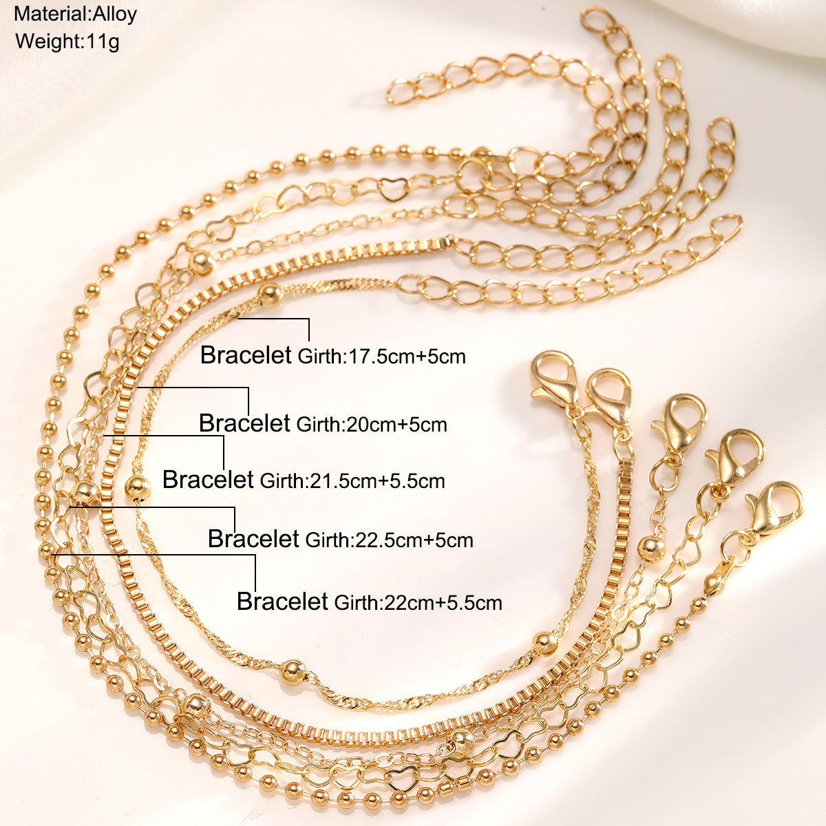 Alloy round bead chain anklet 5 piece chain set