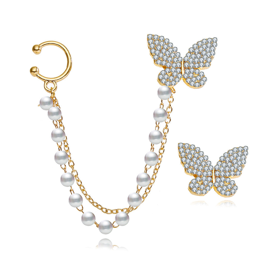 Butterfly & Pearl Chain Earring Set