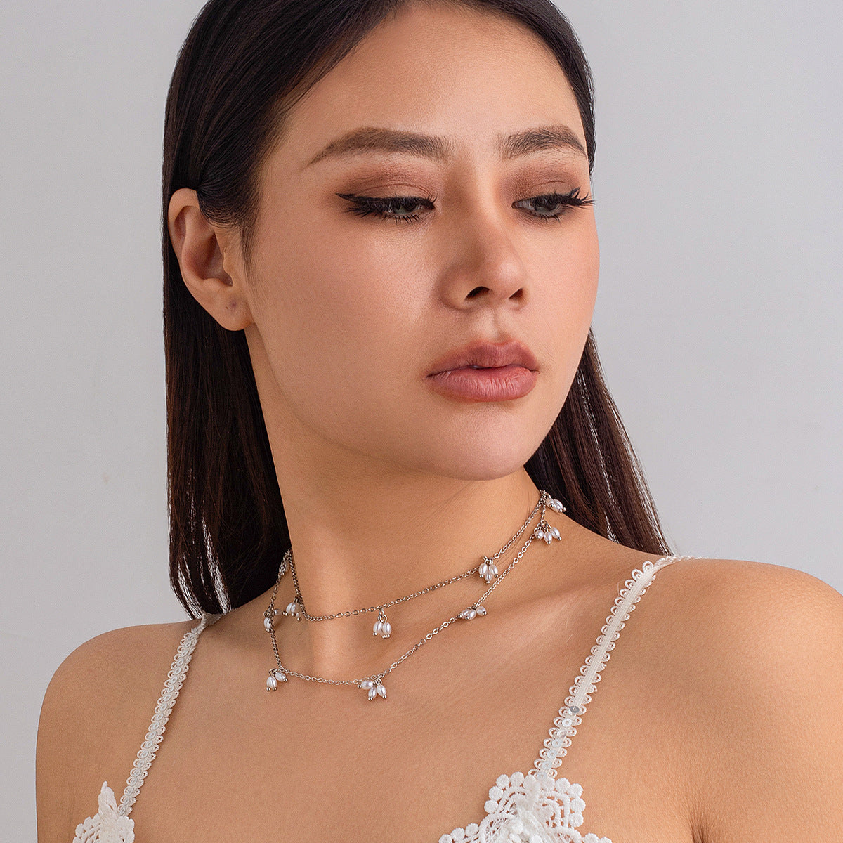 Pearl double necklace fringed stud earrings