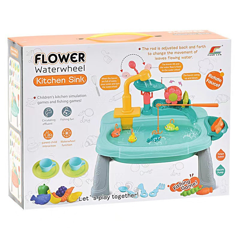 Children's Toy: Electric Flower Waterwheel Dishwasher 3-in-1 Vegetable Washing Basin with Circulating Water Fishing Plate Pretend Play
