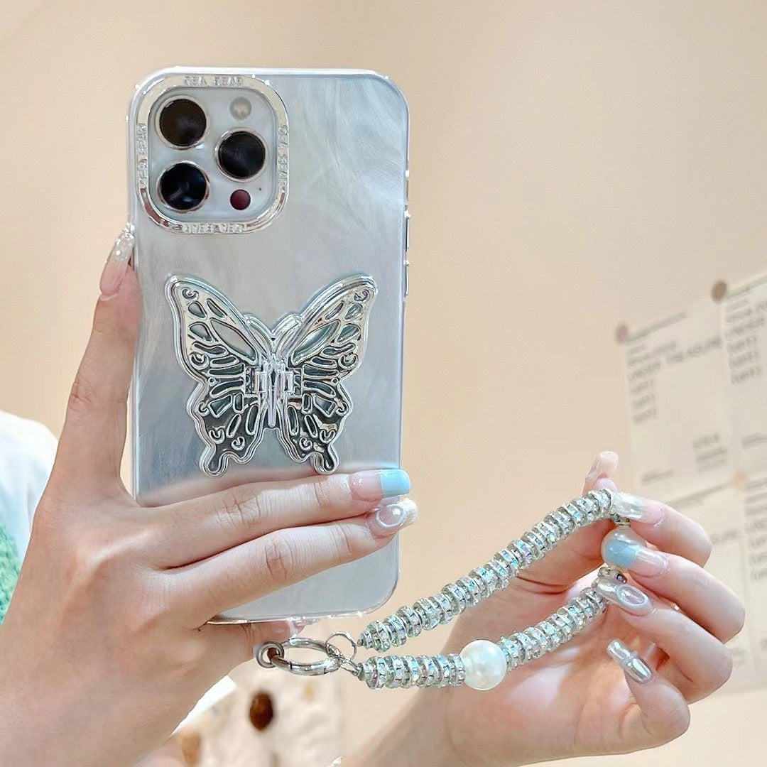 Funda de plumas plateadas para iPhone 15 Pro 11 con soporte de mariposa de plata galvanizada