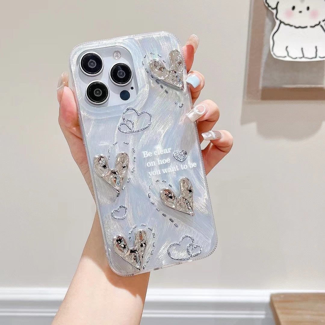 Funda rígida con cadena de corazón fruncida y plumas plateadas para iPhone 15 Pro Max XR 13