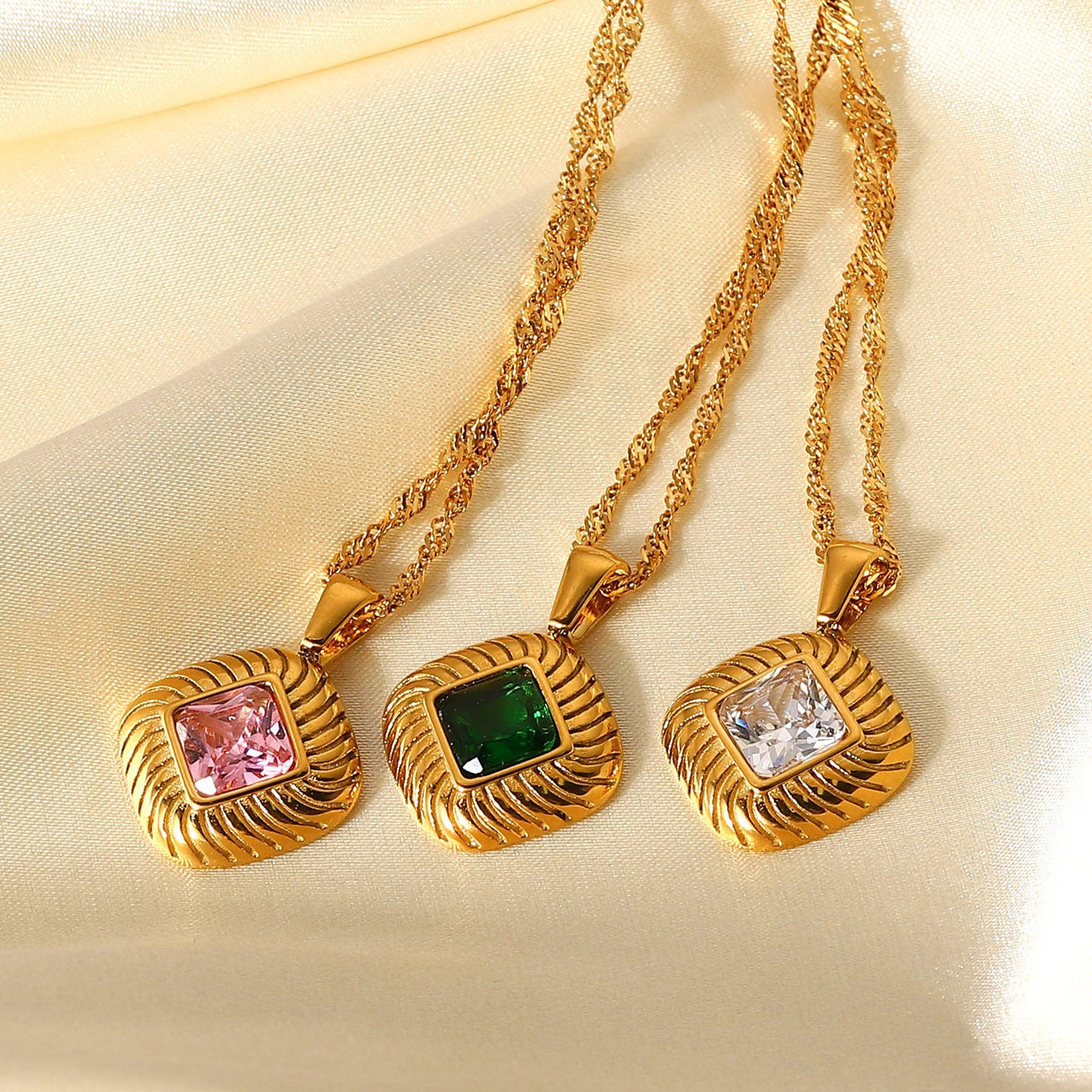 Ribbed Button White/Pink/Green Zirconia Necklace