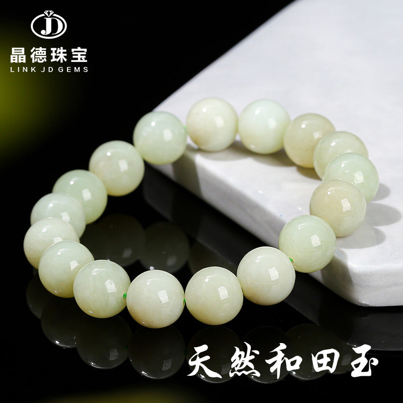 Pulsera de cuentas redondas de jade hetiano de agua clara natural de 12 mm.