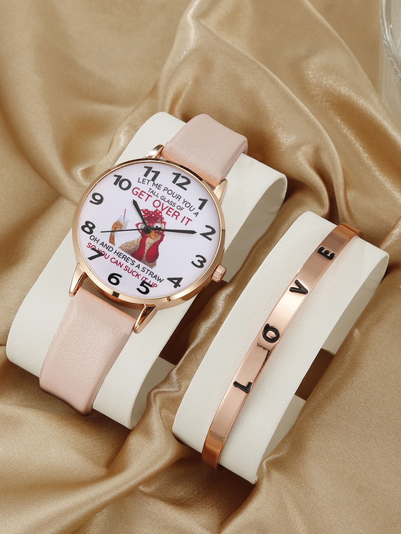 Round digital watch rose bracelet set