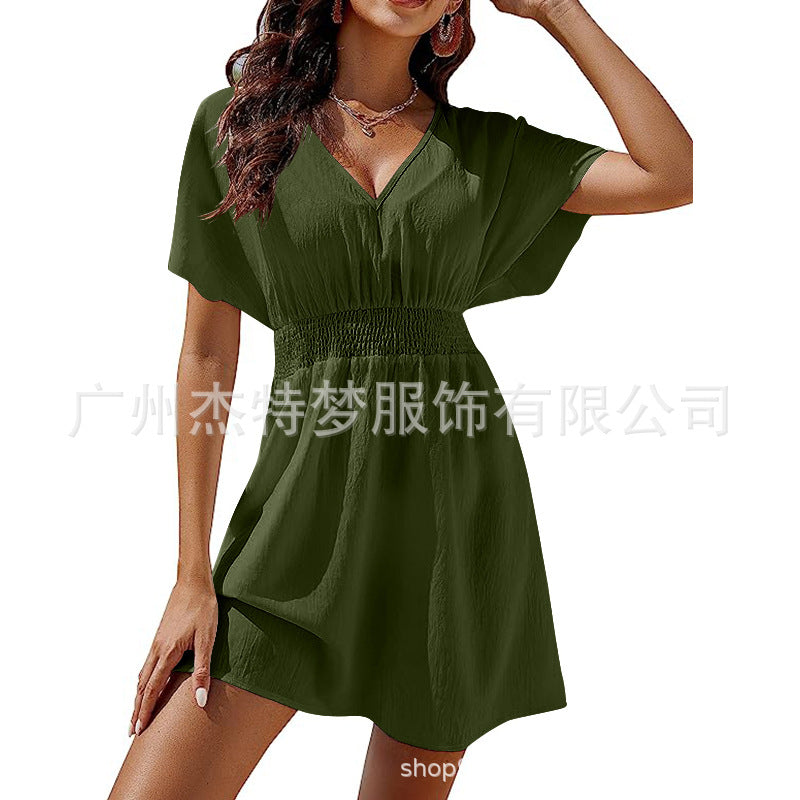 V-neck pleated dress women