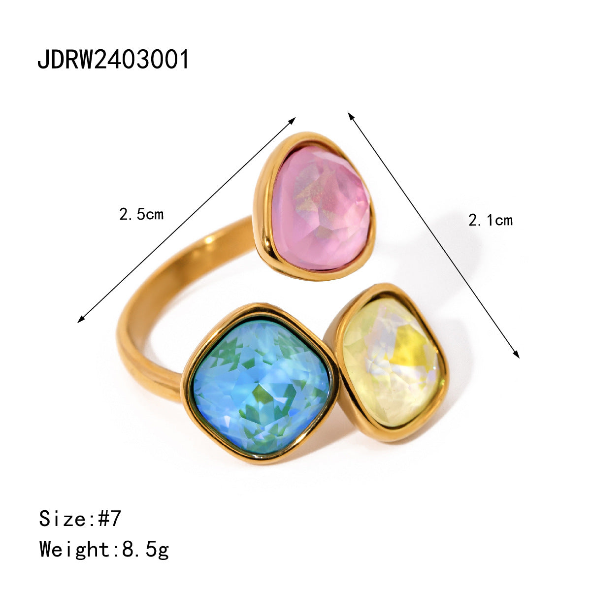 Three-color rhinestone open titanium steel ring